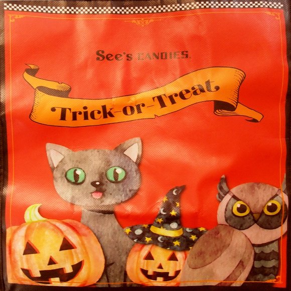 See's Candies Trick-or-Treat Bag Cat, Pumpkins, Owl, Witch Hat Orange and Black - Picture 3 of 3